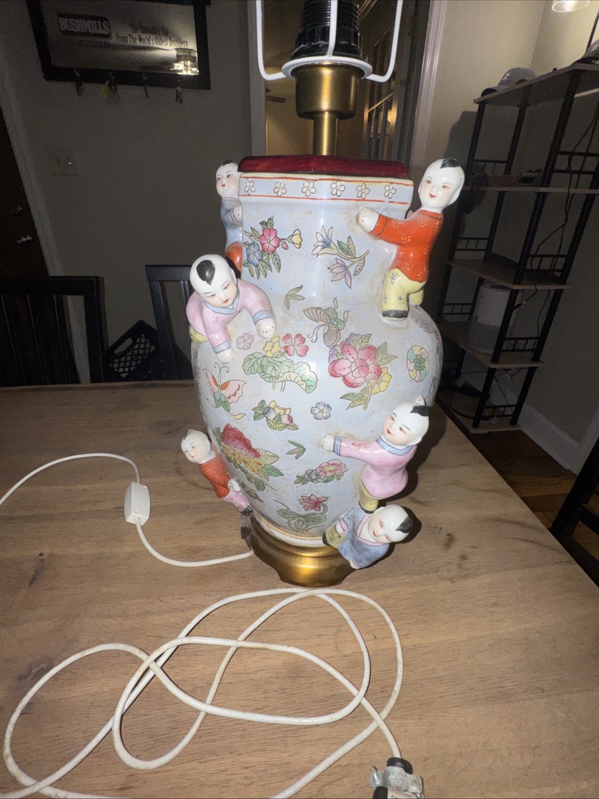 Vintage Chinese Porcelain Lamp Figural Children Floral Gold Base Asian